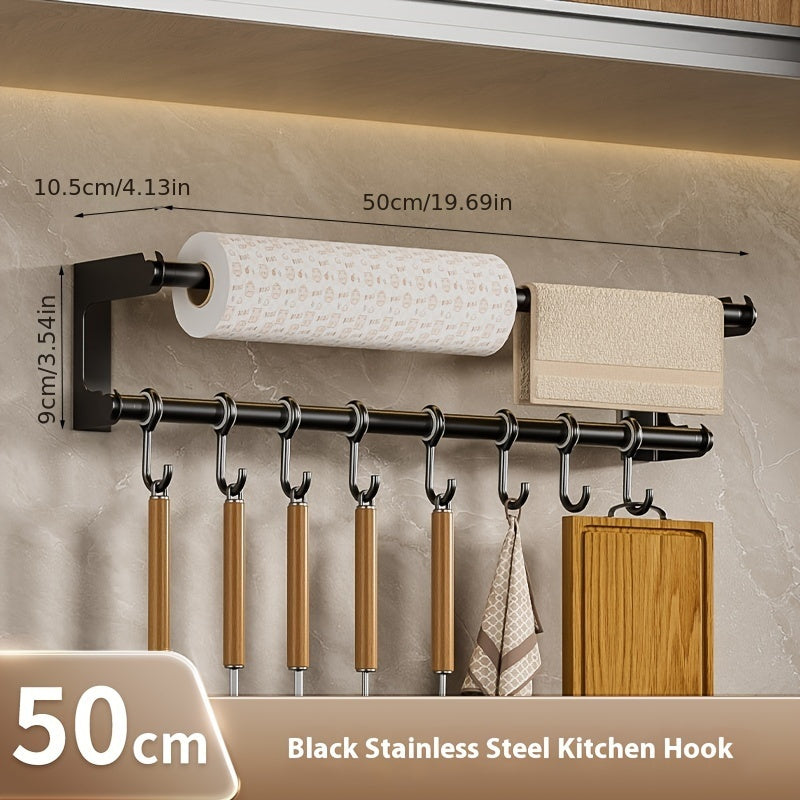 Wall-Mounted Stainless Steel Kitchen Organizer with Tissue Holder, Hook Rack for Utensils and Accessories Storage