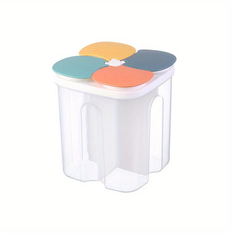 Single food storage container with 4 grids and lids, designed for storing cereal, rice, pasta, flour, and sugar. This clear airtight square container is moisture-proof and transparent, perfect for keeping food fresh. Can be used for food jars and