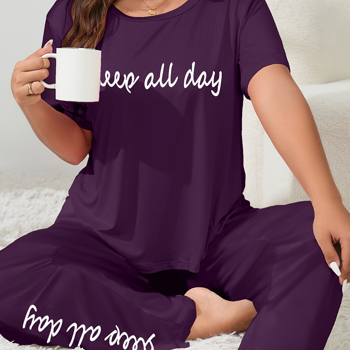 Women's Plus Size Casual Lounge Set with Slogan Print Tee & Pants