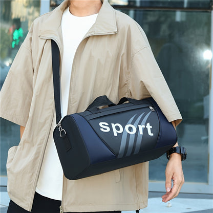 Unisex black nylon tote bag with adjustable shoulder strap and letter print for gym, yoga, sports, and leisure.