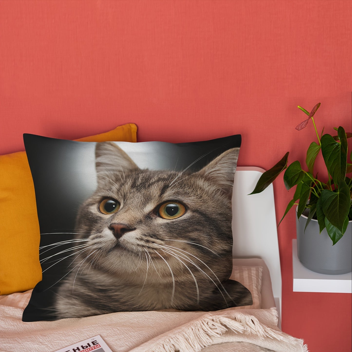 Cat plush pillow cover - 45.72x45.72 cm, zippered, machine washable, single-sided print for sofa & bedroom decor, short plush, pillow core not included