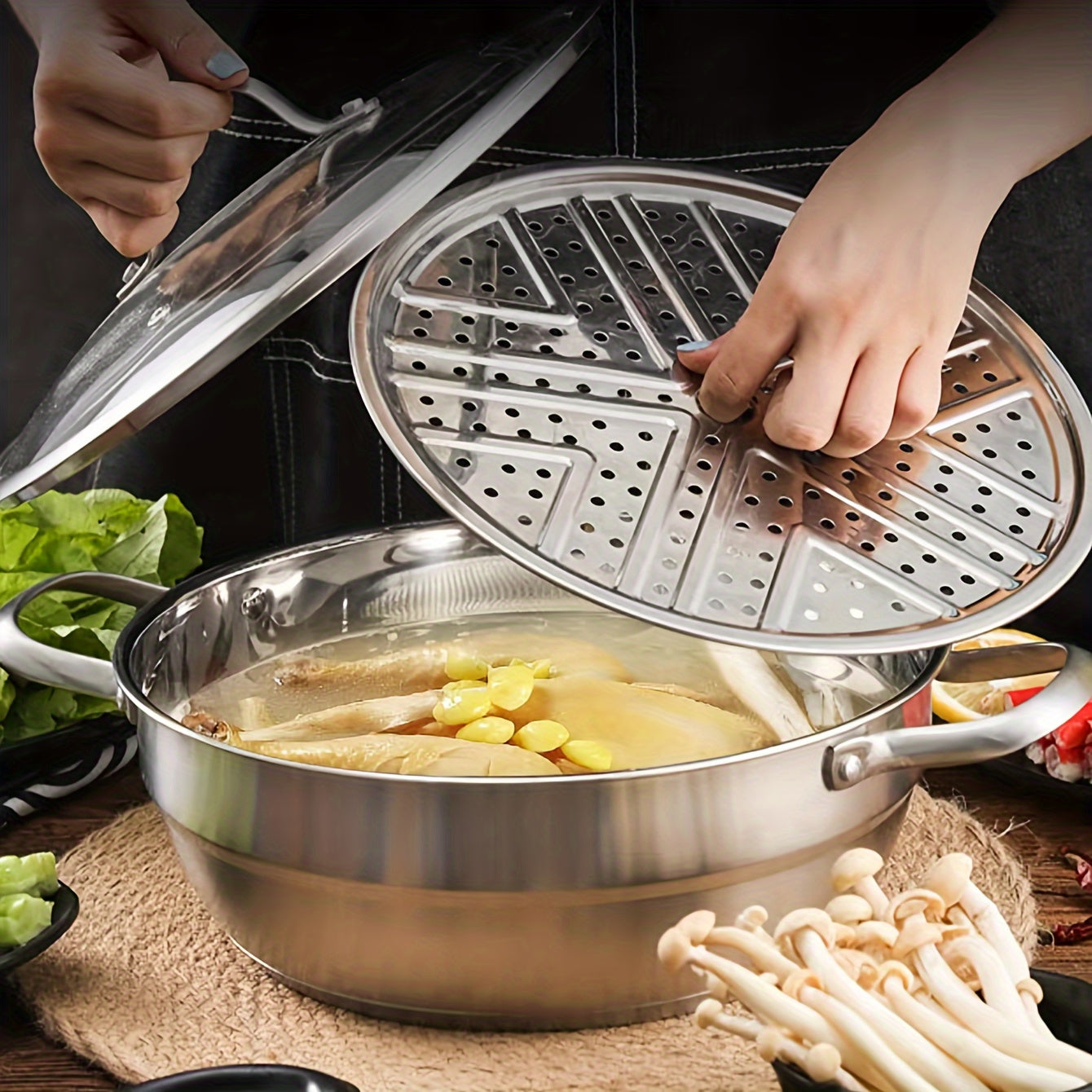 Durable and Thickened Premium Steamer Pot made of 304 Stainless Steel with Glass Lid for Easy Cooking and Serving.