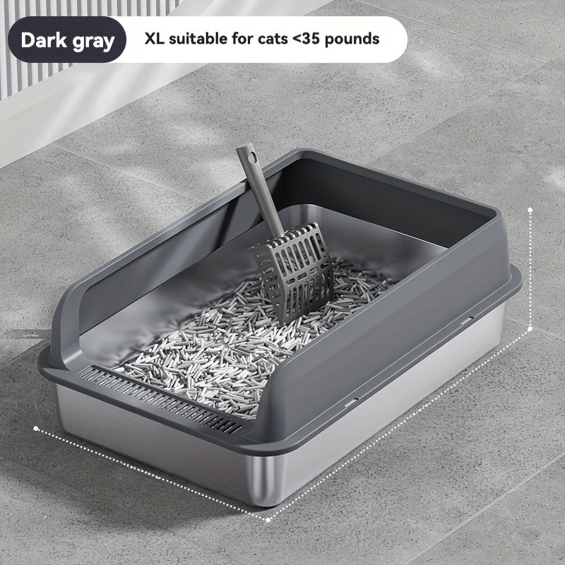 Large stainless steel litter box with splash guard cover for easy cleaning.