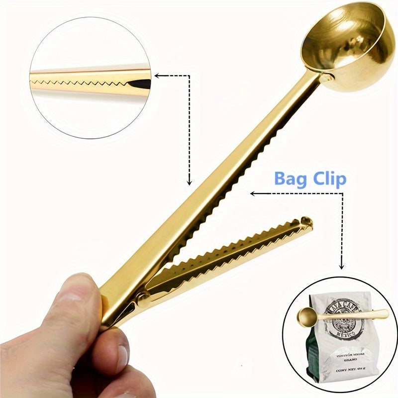 Clip-on measuring spoon set made of stainless steel, including spoons for coffee, milk powder, and sealing food bags.