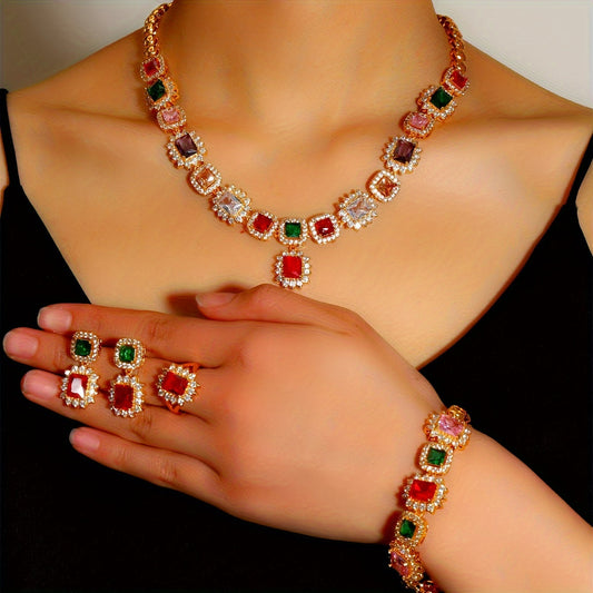 Stunning Vintage 24K Gold Plated Jewelry Set featuring Multicolor Zirconia - Complete Copper 4-Piece Gift Set for Women, Perfect for Weddings and Special Occasions. Set includes Necklace, Bracelet, Earrings, and Ring - A Beautiful Valentine's Day Gift