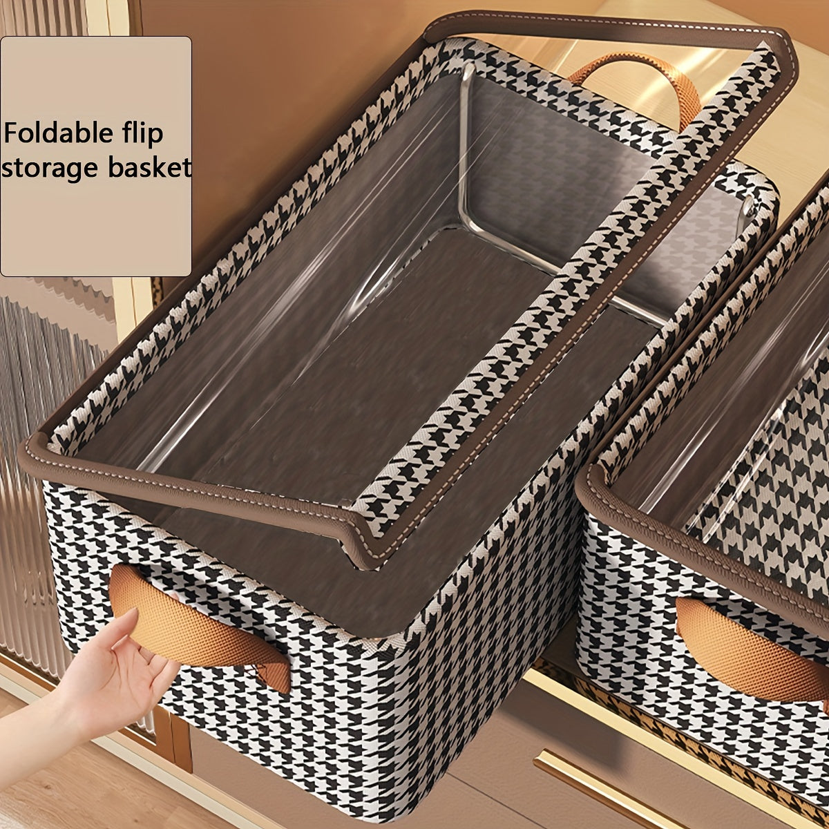 Boho Style Polyester Blend Storage Box with Flip Top Lid, Rectangle foldable wardrobe organizer for clothes and socks. This multipurpose non-waterproof closet organization basket features a stylish houndstooth pattern and foldable design. Perfect for