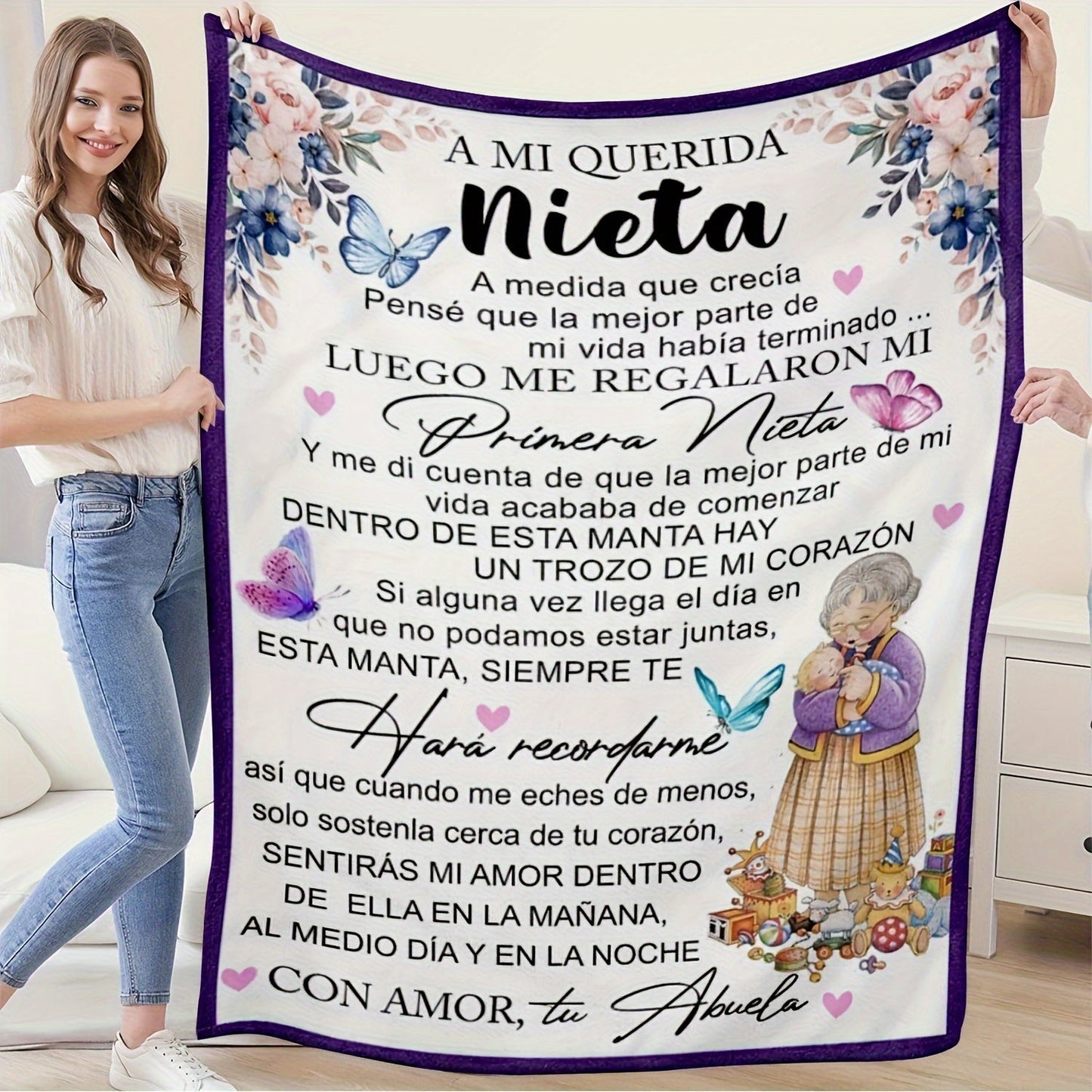 Enchanting Butterfly & Floral Print Spanish Letter Throw Blanket - A Thoughtful Gift from Grandma to Granddaughter, Made with Ultra-Soft Flannel for Lightweight and Cozy Comfort. Ideal for Couch, Sofa, Bed, Office, Travel & Camping, Providing Durable