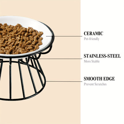 Raised ceramic cat bowl with anti-slip iron stand for comfortable and spine-friendly eating.