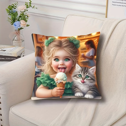 French Style Girl & Kitten Print short plush pillowcase, 44.96cm x 44.96cm, polyester knit, zippered, machine washable. Ideal for home decor.