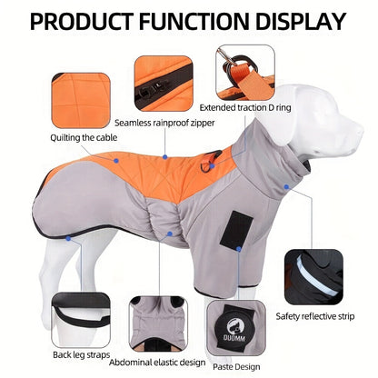 Waterproof winter dog jacket with warm, reflective material and D-ring for medium breeds.