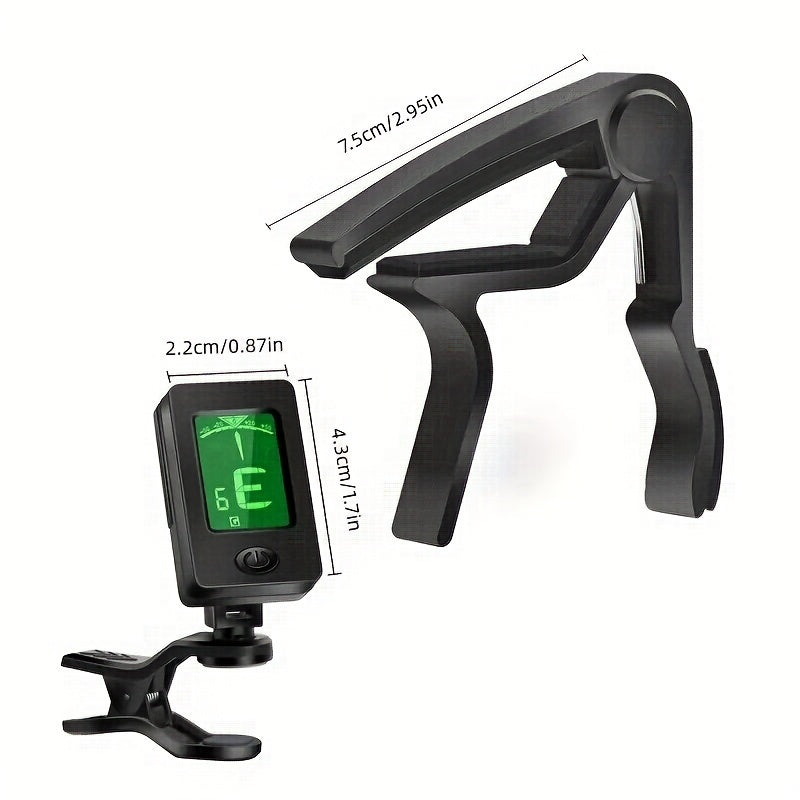 Guitar tuner with picks, capo, quick-release clip-on tuner for guitar, violin, bass, ukulele.