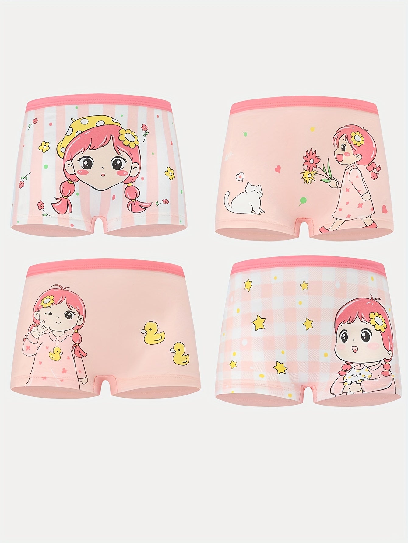 4 Soft Cotton Girls Boxer Briefs with Cartoon Pattern, Flat Leg Underwear