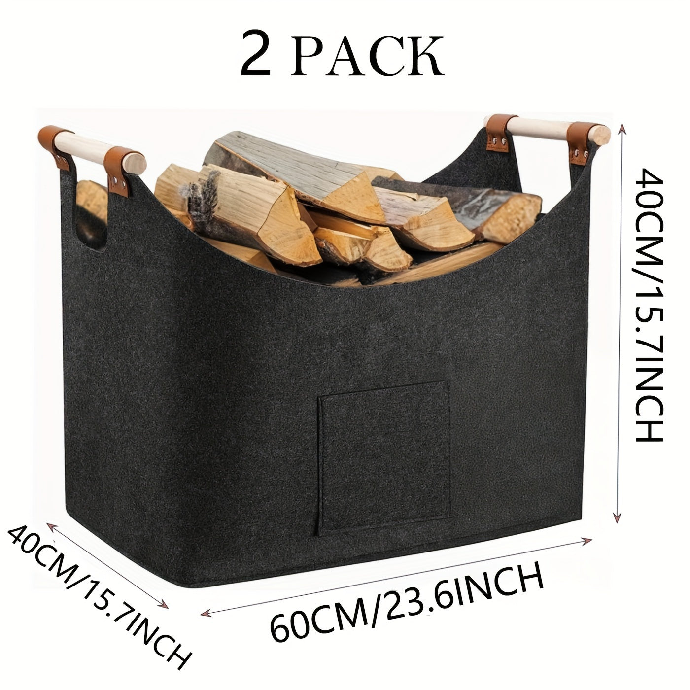 Two extra large 55L felt log baskets designed for fireplaces. These baskets are durable and thickened for indoor wood storage. They feature extended handles and a foldable design, making them ideal for storing firewood and vegetables. The baskets are a