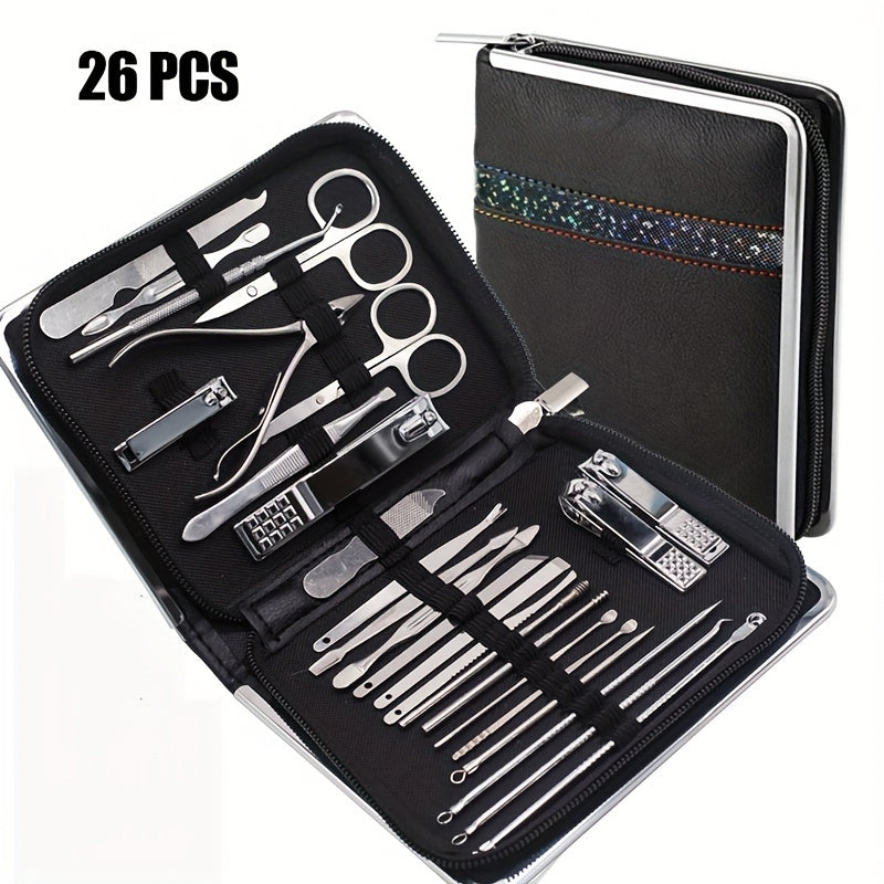 Nail clipper kit with 26 pieces for men and women, includes ear spoon and nail files.