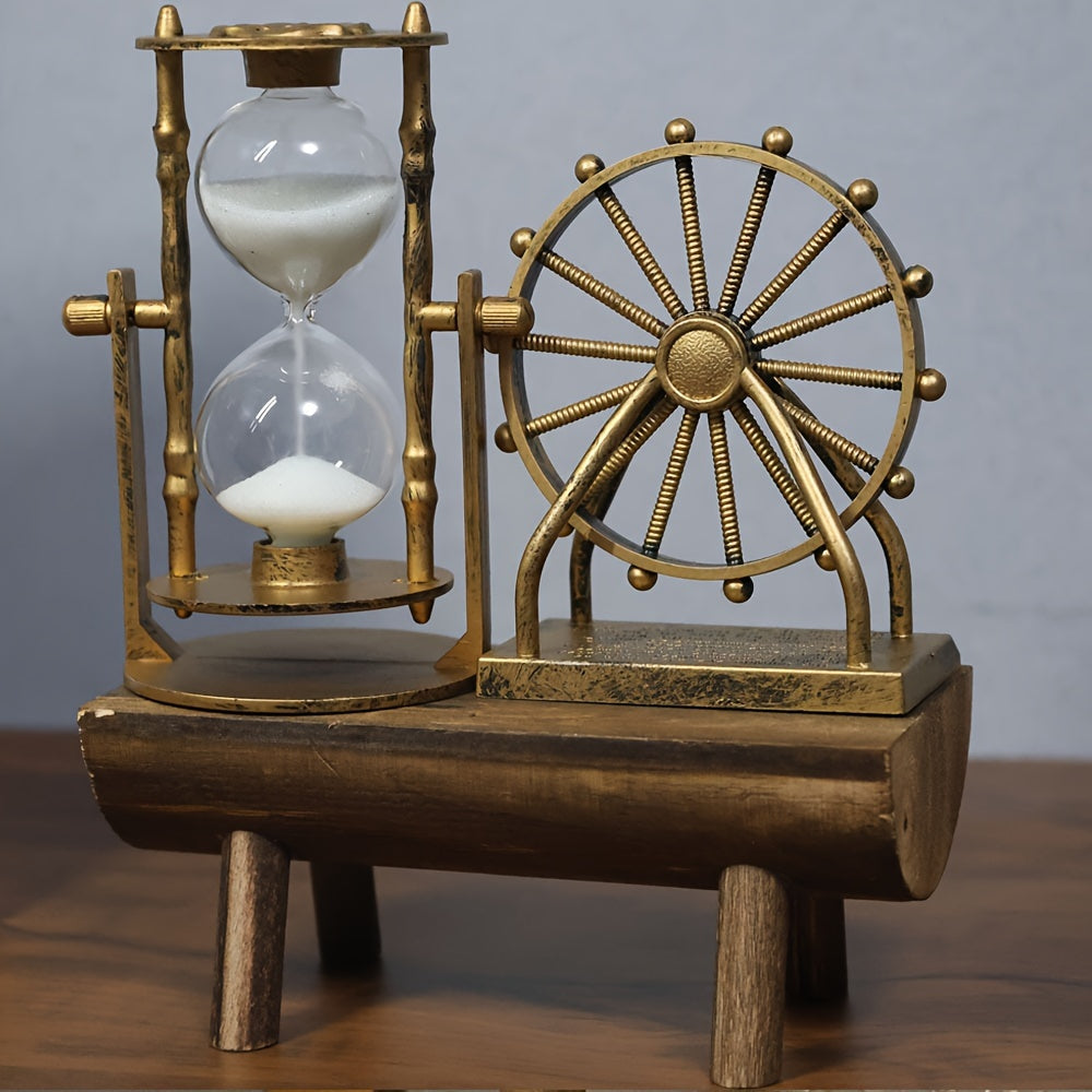 Vintage Ferris Wheel Sand Timer with wooden base, ideal for indoor decor, no power needed.