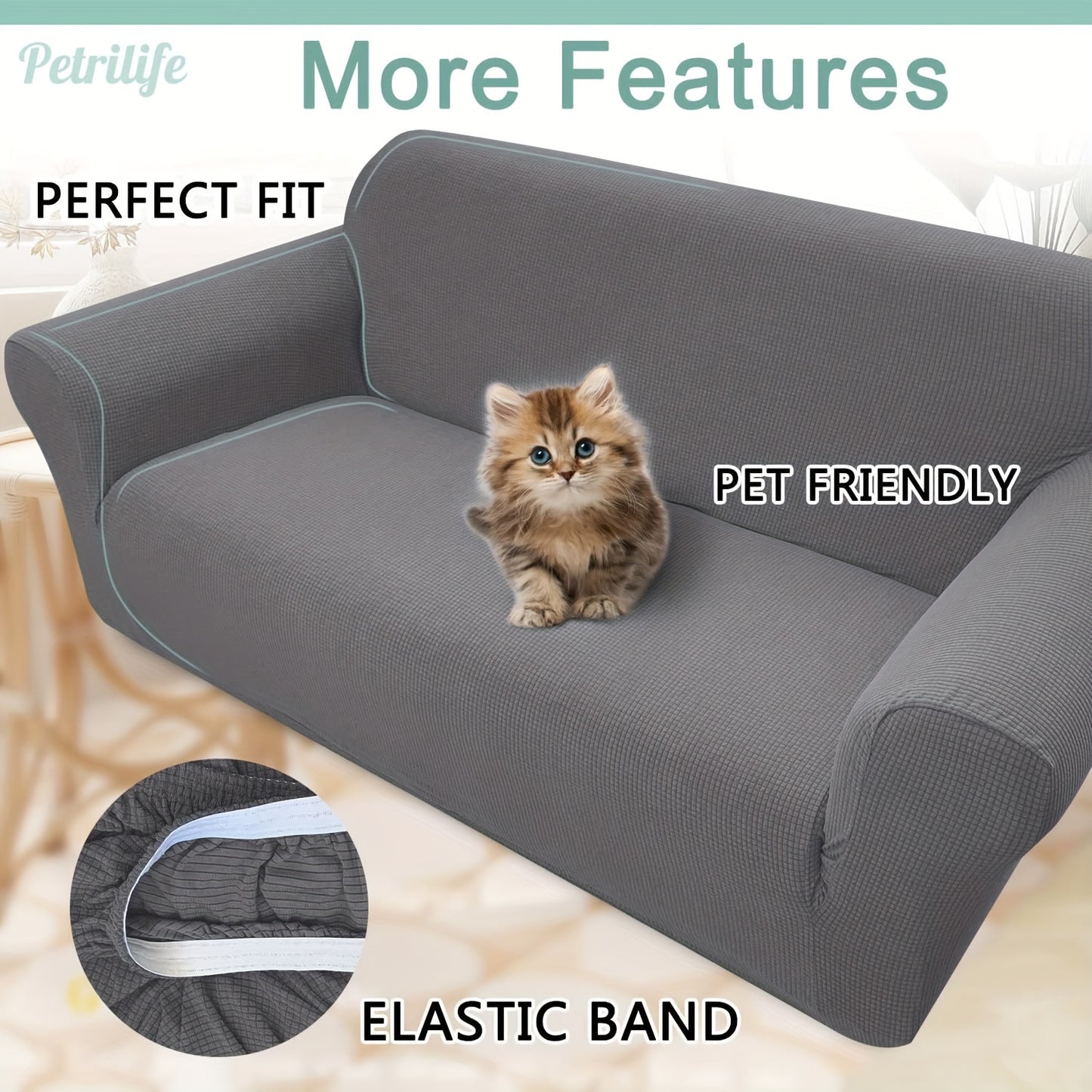 Thickened jacquard sofa cover with full coverage elastic, suitable for one to four-seater sofas. Protects against cat scratches and can be used in living rooms, dining rooms, bedrooms, and other home decor settings.