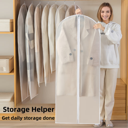 5 transparent garment dust covers for hanging clothes protection, washable and moisture-proof. Ideal for suits, dresses, and more. Visible storage solution for wardrobe organization.