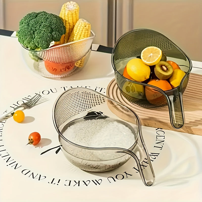 Versatile rice washing strainer basket made of durable plastic for draining and rinsing grains, fruits, and vegetables without needing electricity.