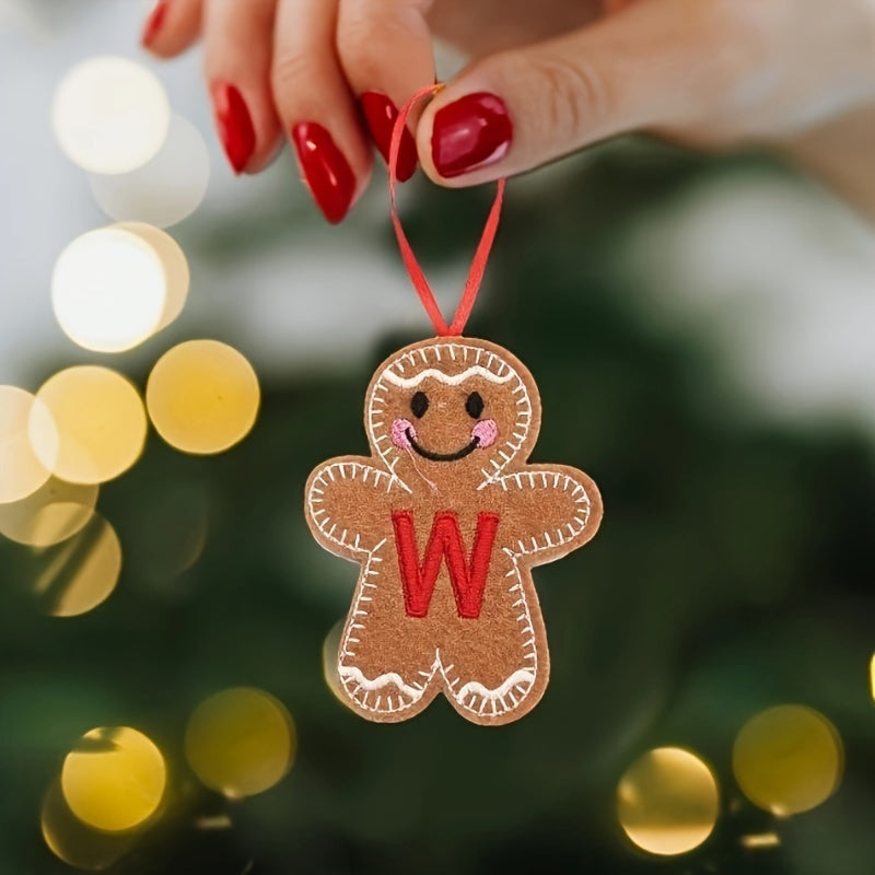 Embroidered gingerbread man ornament for Christmas decoration, made of fabric material. Classic style and no power required. Perfect for home and kitchen use.