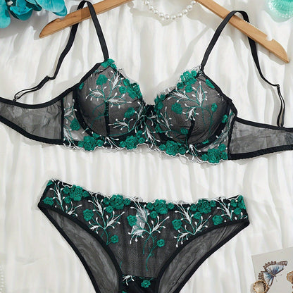 Elegant lace bra and panty set for women, featuring floral embroidery and knitted fabric. Perfect for adult intimate wear.