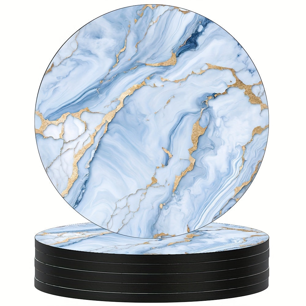 6 golden marbled coasters with absorbent rubber and non-slip backing, perfect for home decor or as a housewarming gift, each 10.16 cm in diameter.