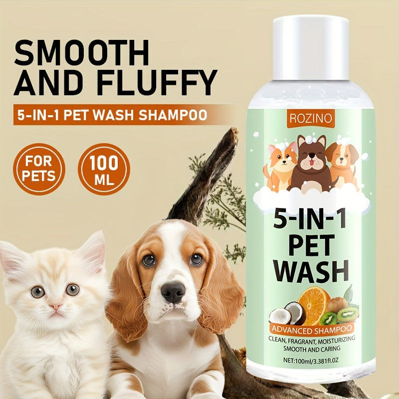 ROZINO 5-in-1 Pet Shampoo, 100ml - Gentle formula, moisturizing, fragrance, non-tear, long-lasting scent, tangle-free for all pet skin types.