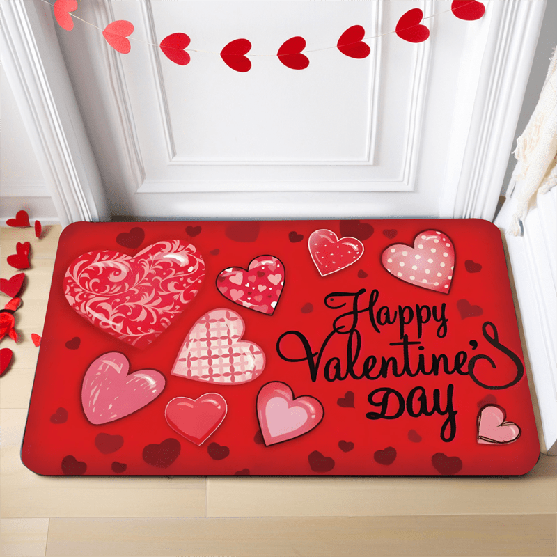 Valentine's Day Welcome Doormat in Love Theme, Crafted from Non-Slip Polyester Flannel, Easy to Wash in Machine, Resistant to Stains & Water, Low Pile Design, Machine-Made, Perfect for Entryways & Bathrooms, Ideal Valentine's Day Gift.