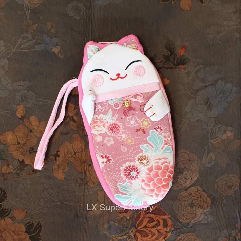 Soft fabric glasses case featuring a lucky cat design, perfect for storing eyewear in a Chinese-inspired knitted style pouch. Lens case included.