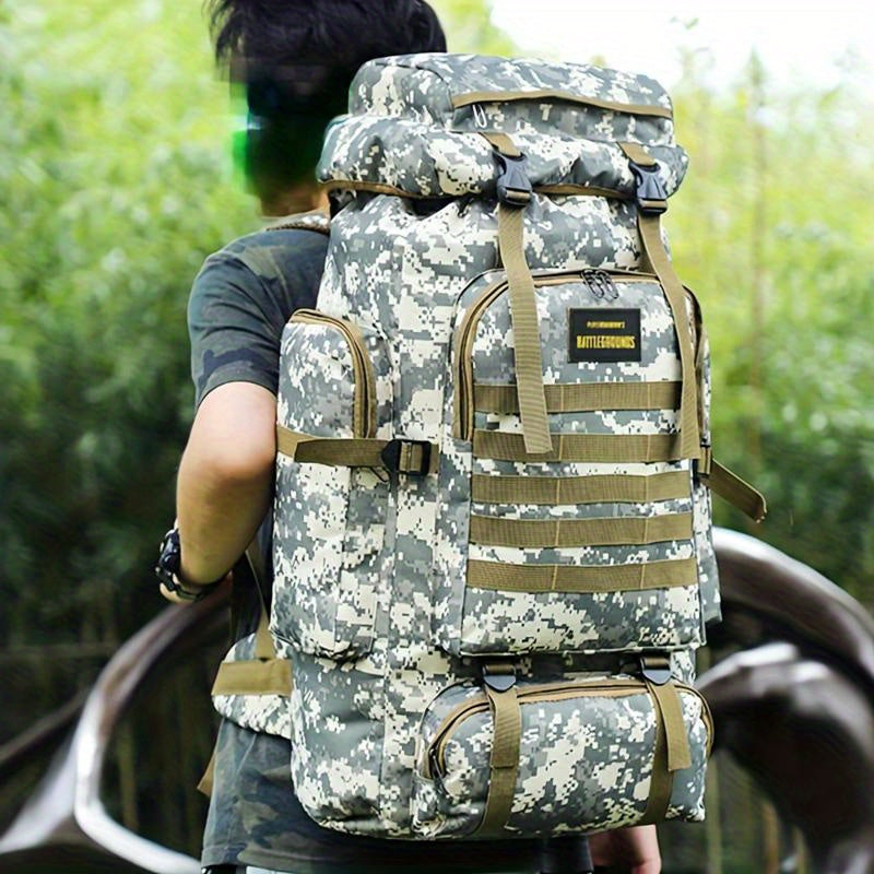 Durable camo travel backpack made from waterproof Oxford cloth, perfect for outdoor adventures and long trips.