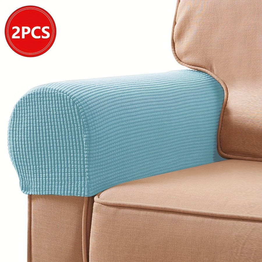 2 Stretch Armrest Covers made of durable spandex blend with plush texture. Scratch & dust resistant, and machine washable. Fits single to four-seater sofas & recliners in various colors.