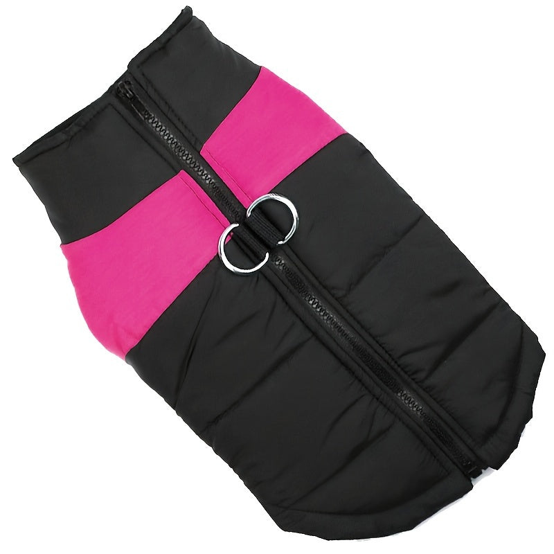 Winter dog jacket with zipper and leash loop for small to large breeds, ideal for cold weather outdoor activities.