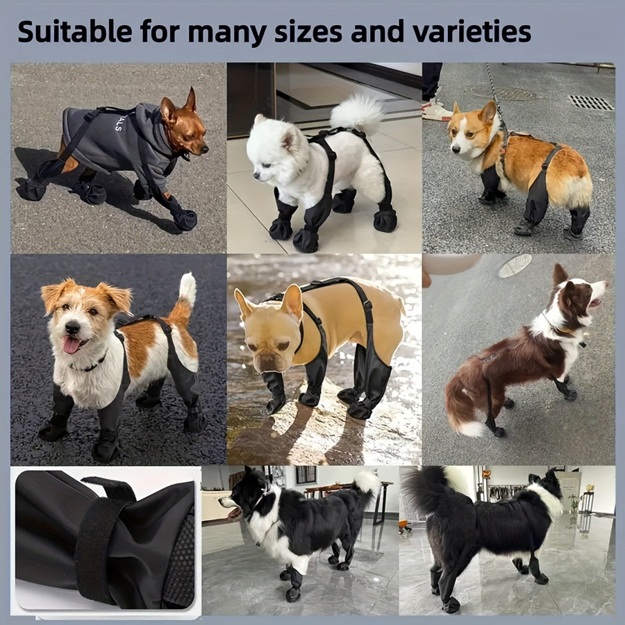 Durable, adjustable waterproof dog boots with warm linings and reflective safety features. Machine washable, suitable for all seasons and all size breeds. Designed for outdoor use with