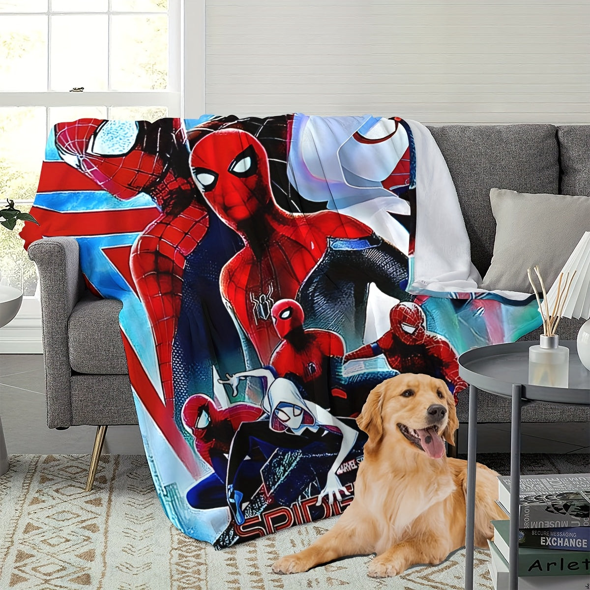 Four Spider-Man-themed decorative blankets that can be used as carpets, bed covers, towels, nap blankets, leisure blankets, and travel blankets. Made from knitted polyester, these blankets are modern and versatile, suitable for use in all seasons.