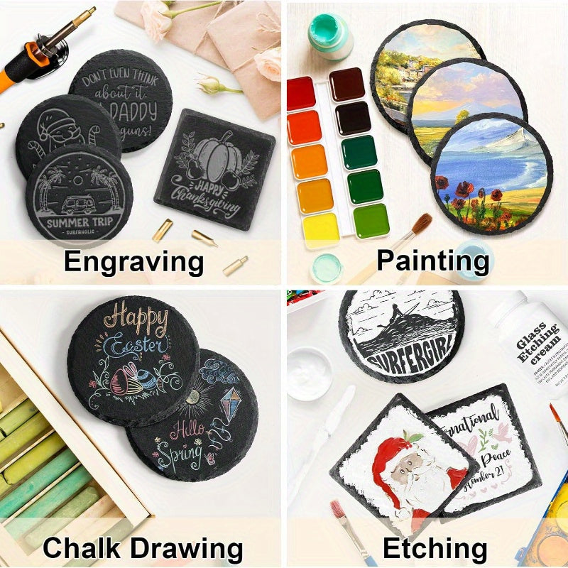 Get a pack of 48 slate coasters in bulk, each measuring 10.16 cm. These black coasters are perfect for drinks and can be customized with laser engraving. The set also includes 24 natural square and round stone coasters, ideal for various projects, gifts