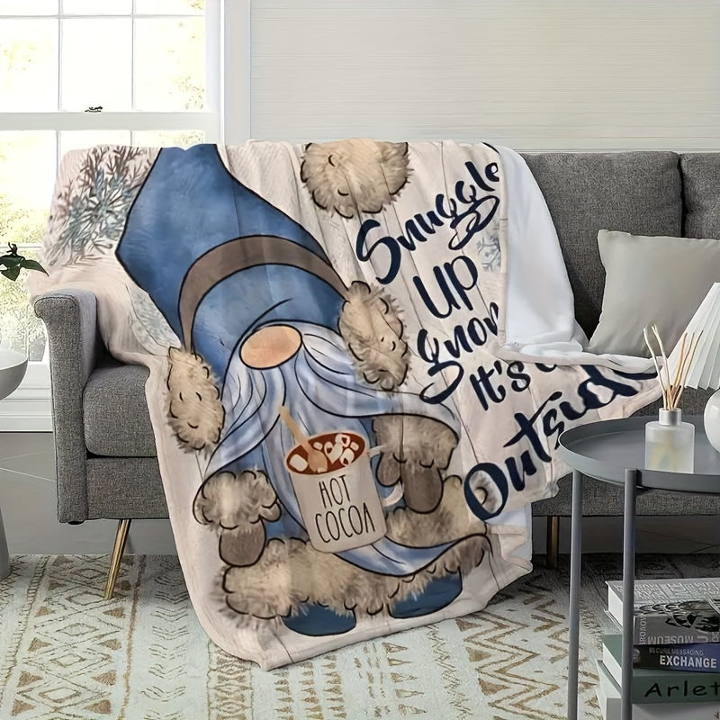 Soft and cozy Rustic Blue Gnome Throw Blanket made of flannel fleece with a fantasy print design. This all-season blanket is machine washable and features a digital print on a polyester cover with a polyester lining. Perfect for home and kitchen decor