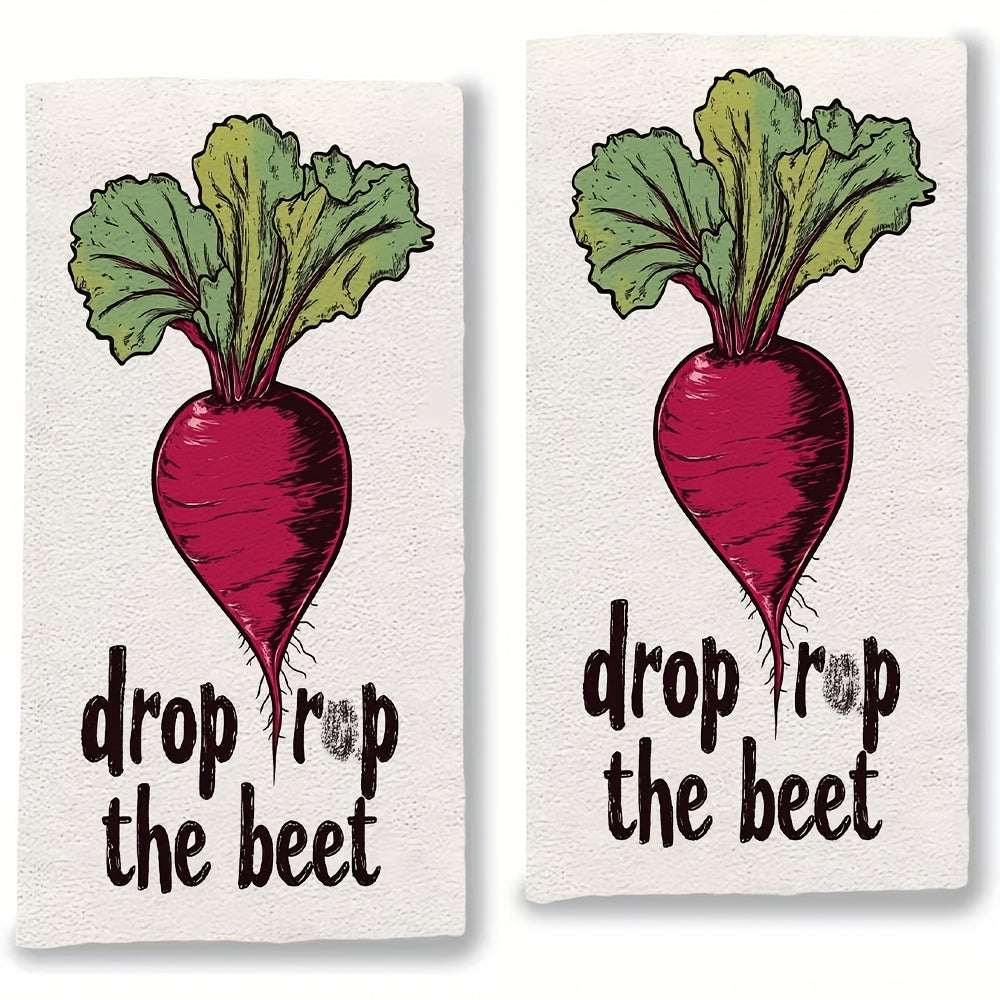 2 pieces of ultra soft polyester kitchen towels with a humorous "Drop the Beet" design. These towels are highly absorbent, machine washable, and measure 40.64x60.96 cm. Perfect for holiday decor and everyday use in the kitchen.