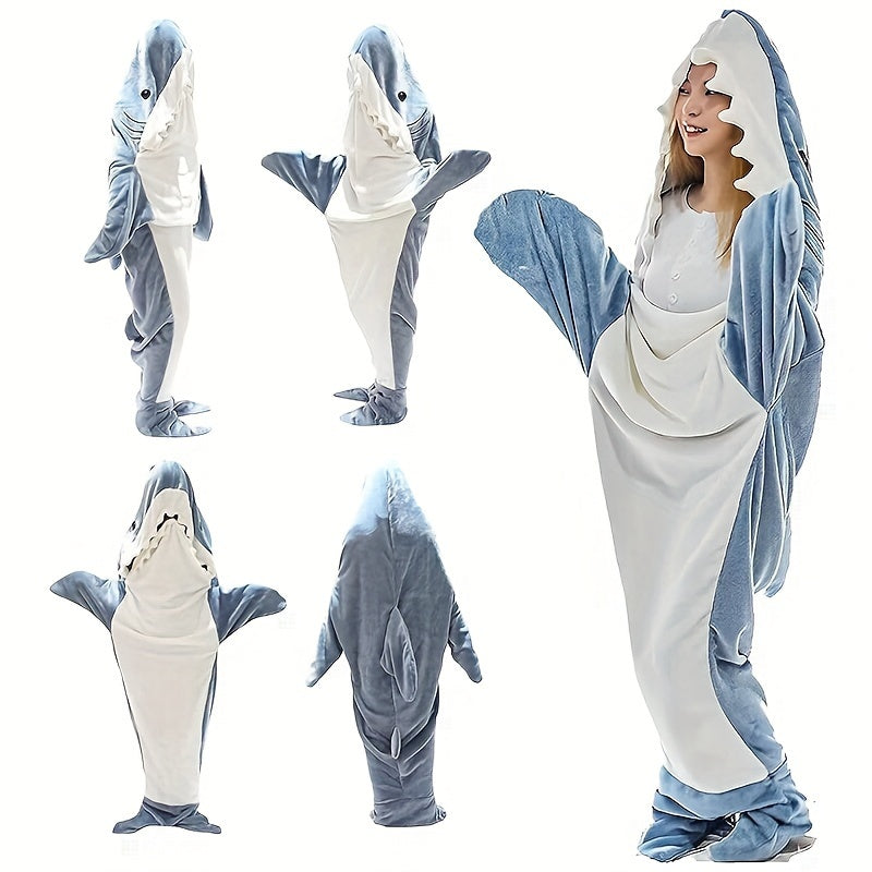 Thickened and warm 1pc Shark Loungewear Pajamas that transform into a multifunctional blanket, perfect for wearing at home or as a cozy sleeping bag with a fun cartoon shark design.