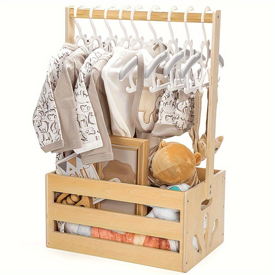 Yellow wooden storage organizer with hanging rod for nursery closet. Can hold clothes, toys, and diapers. Versatile rectangle basket, ideal as a gift.