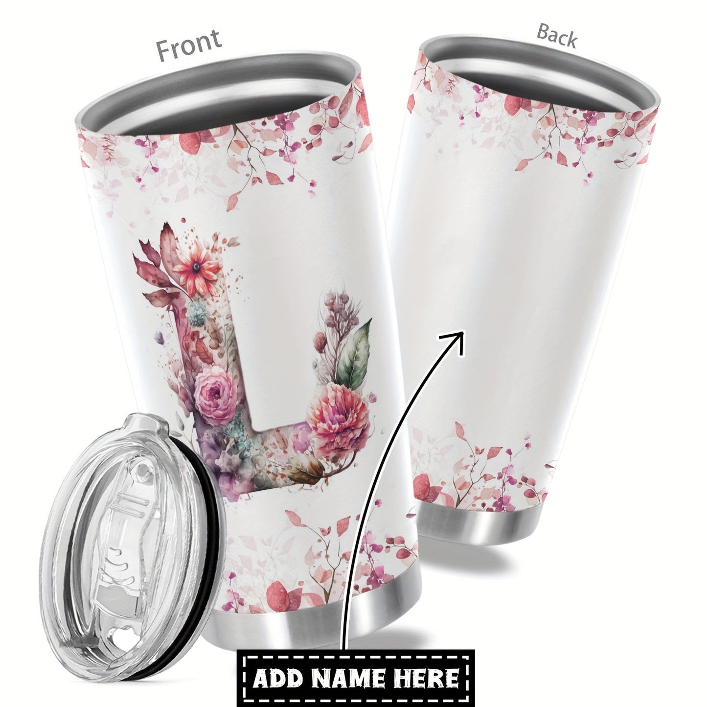 Customize your daily essentials with our Hsdiokl 20oz Insulated Stainless Steel Tumbler featuring a personalized name and flower design. This oval metal mug comes with 2 BPA-free lids, perfect for hand washing and multipurpose use. Designed for adults