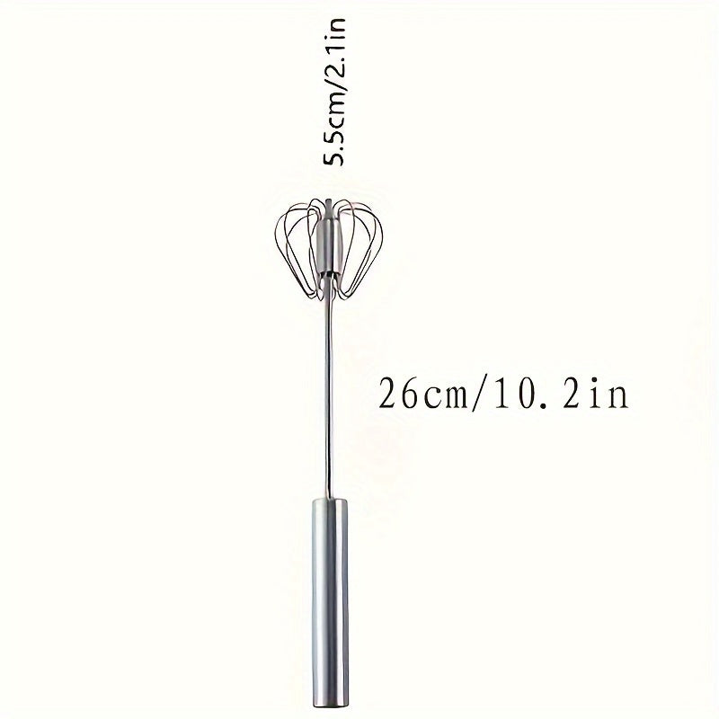 Stainless steel semi-automatic hand whisk for household mixing and baking, suitable for restaurant, food truck, or bakery use.