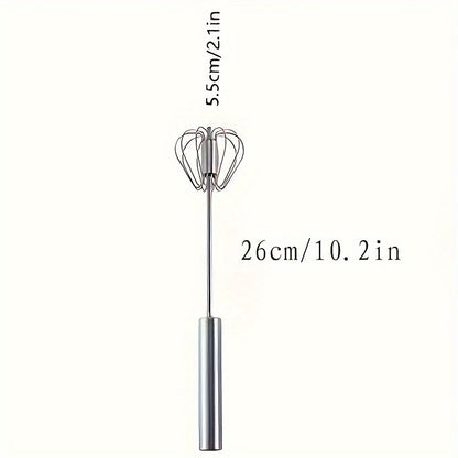 Stainless steel semi-automatic hand whisk for household mixing and baking, suitable for restaurant, food truck, or bakery use.