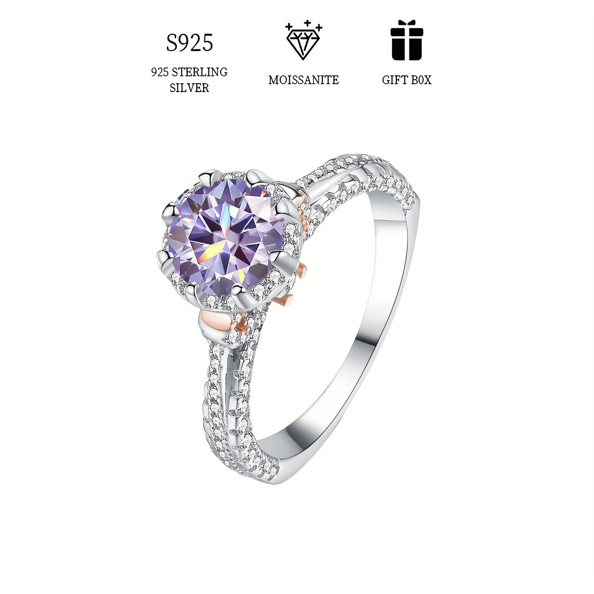 925 Sterling Silver Elegant Ring with 1ct Colorful Moissanite, Perfect for Women's Proposal, Engagement, and Wedding Band. Hypoallergenic with Moissanite Cert and Exquisite Gift Box Included