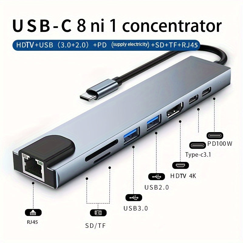 8-in-1 Type C Docking Station with USB C hub, RJ45, and PD ports.