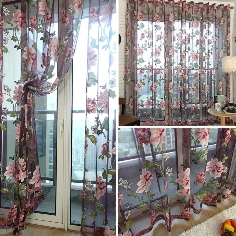 French Country Style Peony Floral Sheer Curtain - 100cm x 200cm Rod Pocket Window Treatment, machine washable for Bedroom & Living Room