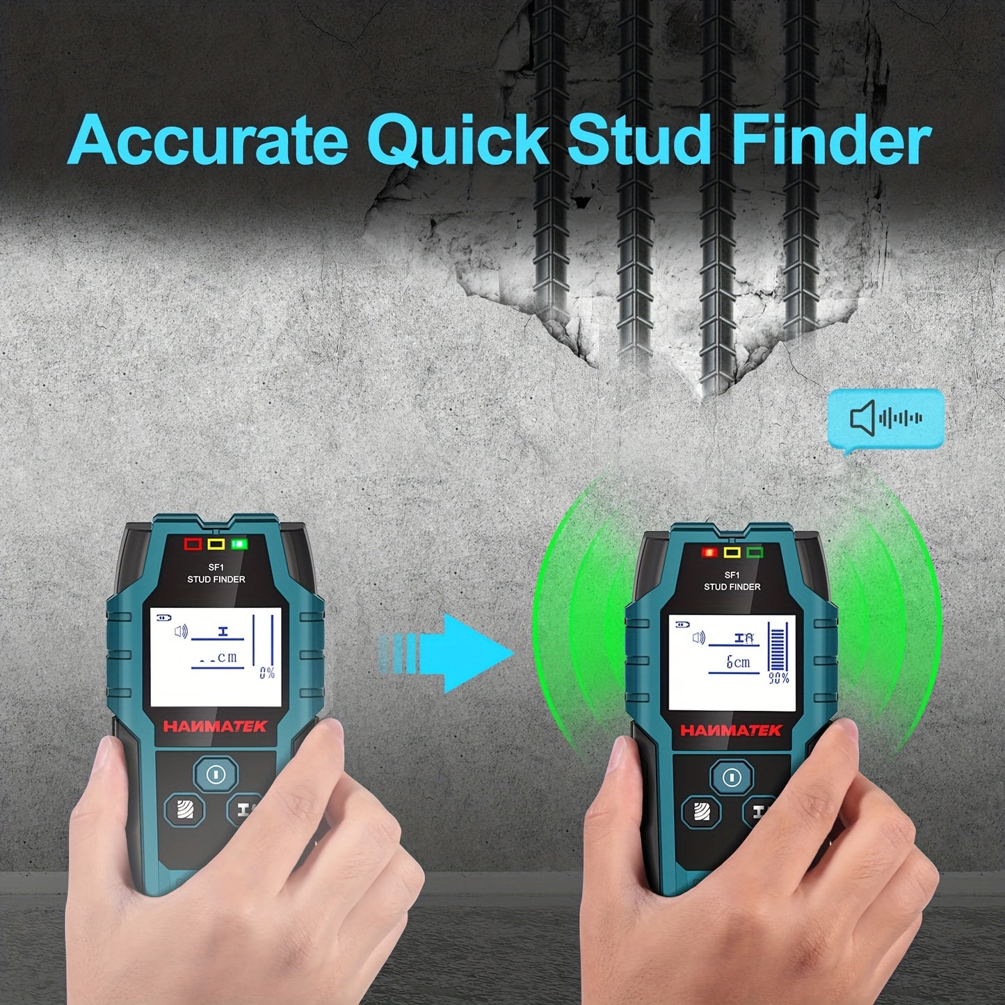 HANMATEK SF1 Wall Scanner detects studs, joists, and AC wires with LCD display.