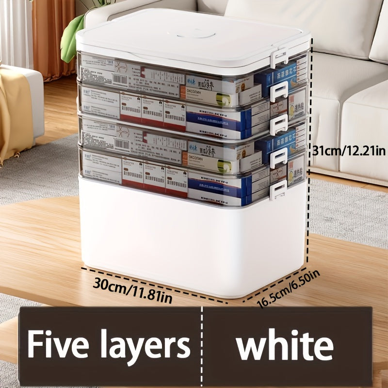 Durable multi-layer pill organizer box with handle for home and travel. Transparent plastic, non-food contact.