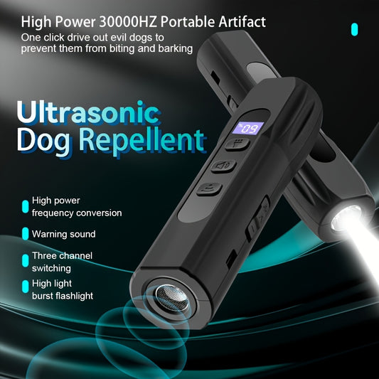 Compact, durable dog repellent with flashlight, USB-rechargeable and smart anti-barking protection, ideal for dogs, cats, and rodents.