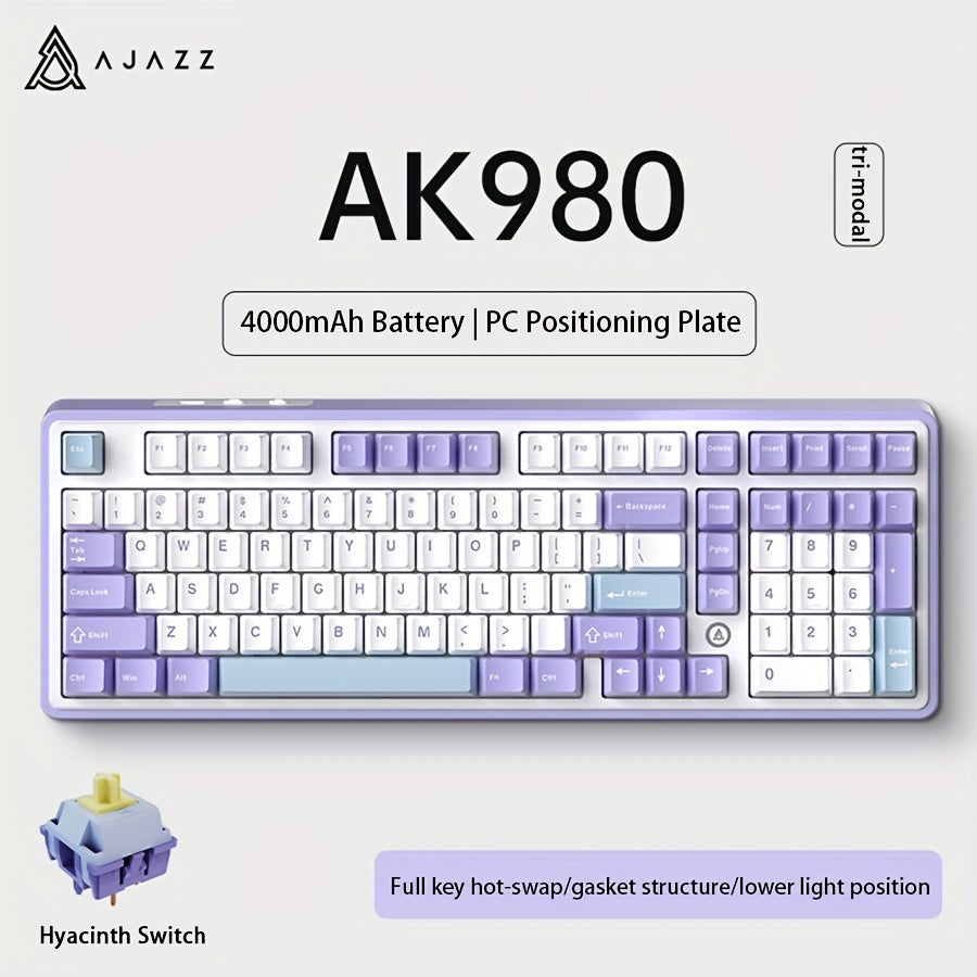 AJAZZ AK980 98-клавишная RGB механическая игровая клавиатура с беспроводным подключением 2.4G/5G, регулятором громкости, TFT цветным дисплеем, FR4 позиционной платой, конструкцией GASKET, полностью заменяемыми клавишами, аккумулятором на 8000 мАч.