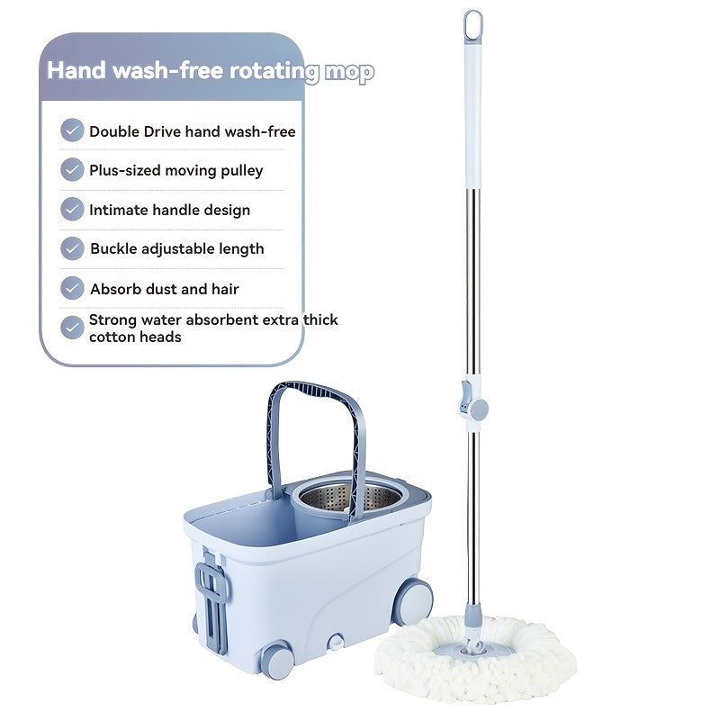 Get your hands on the 1-piece EasyClean Spin Mop and Bucket Set! This set comes with a self-wringing microfiber mop head, a thickened mop head, and centrifugal water dumping. Perfect for use in the living room, bedroom, bathroom, toilet, and kitchen.