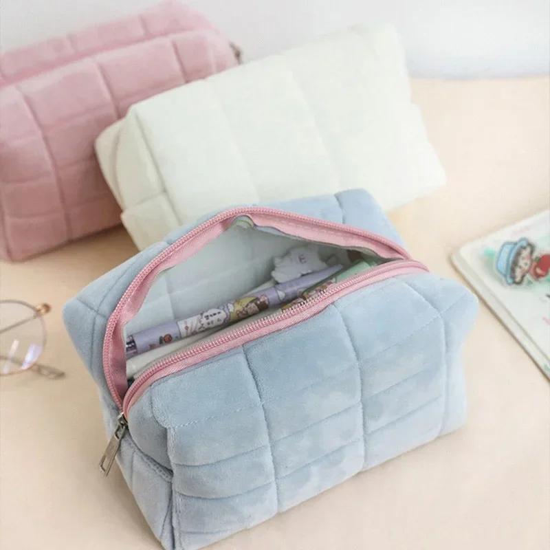 Large capacity solid color pillow pencil case, perfect for girls in school or office.